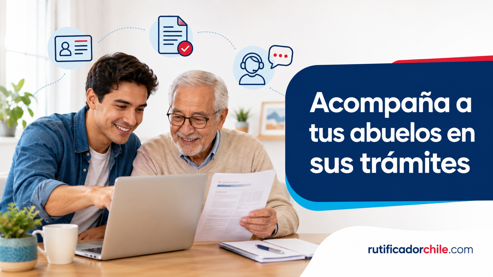 Persona joven ayudando a un adulto mayor con trámites y documentos en línea