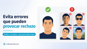 Comparación entre una fotografía correcta y errores frecuentes como filtros, sombras, gafas y fondos inadecuados.