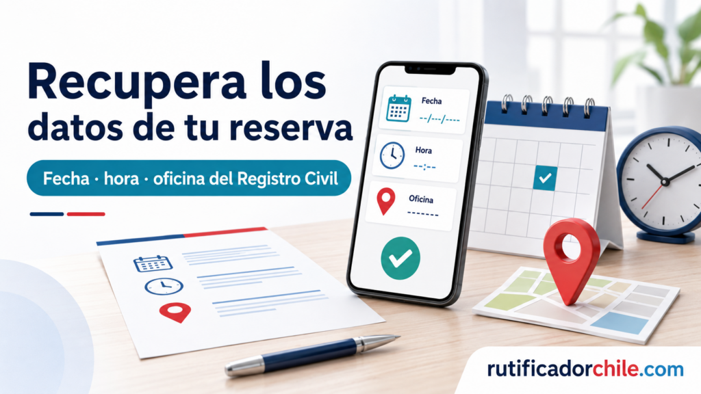 Datos principales de una reserva del Registro Civil: fecha, hora y oficina de atención.