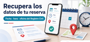 Datos principales de una reserva del Registro Civil: fecha, hora y oficina de atención.