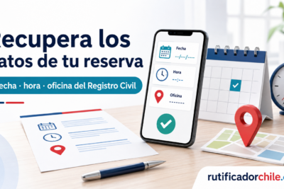 Datos principales de una reserva del Registro Civil: fecha, hora y oficina de atención.