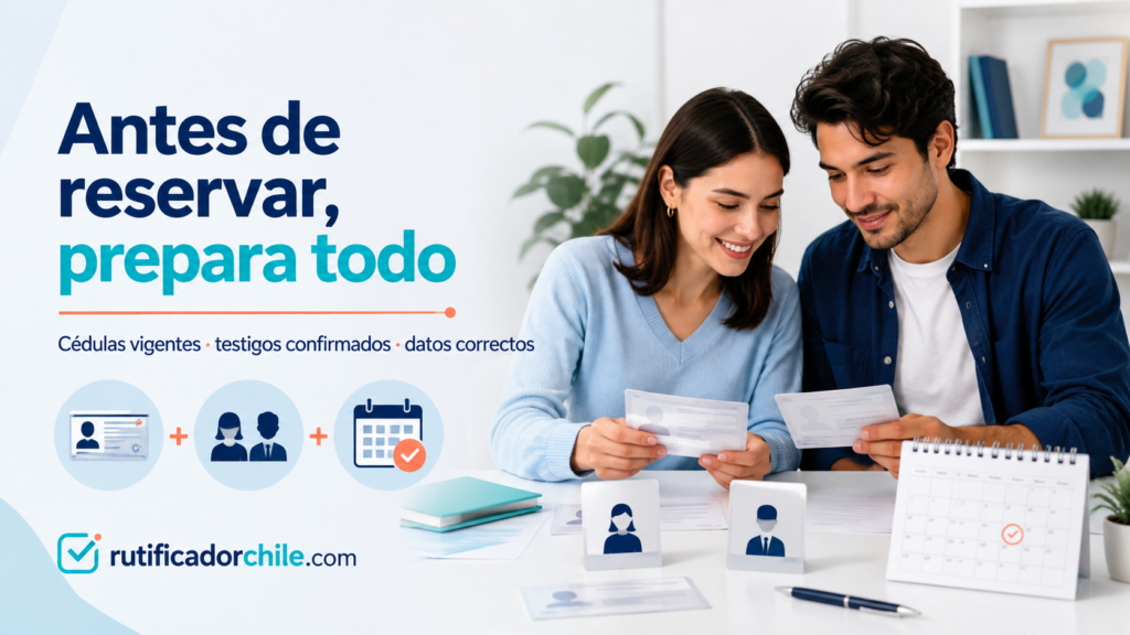 Documentos, testigos y calendario para preparar una ceremonia de matrimonio civil.