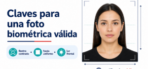Foto biométrica con rostro centrado, fondo uniforme y luz frontal para un documento de viaje.