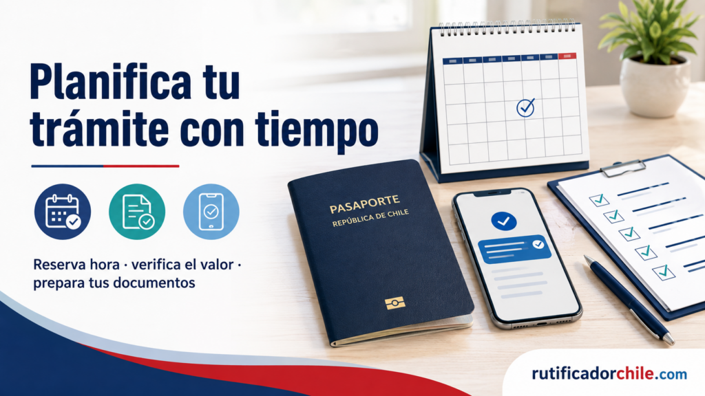 Pasaporte chileno, reserva de hora, documentos y confirmación del trámite.
